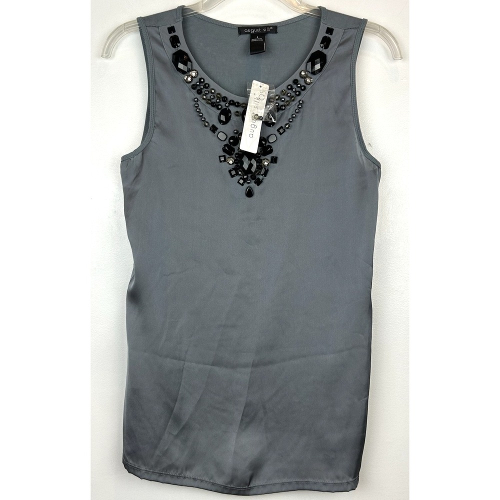 August Silk Top Womens Small Sleeveless Embellished Stones Gray Tank Event New